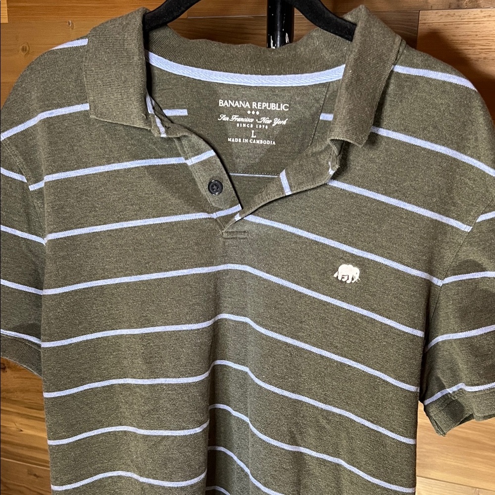 Banana Republic Men's Polo with Olive and Light Blue Stripes